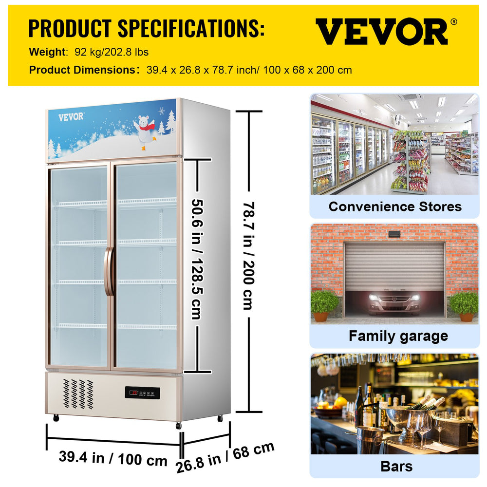 Vevor Beverage Display Refrigerator 23 Cu. Ft. Commercial Double-Swing Glass Door with LED Light New