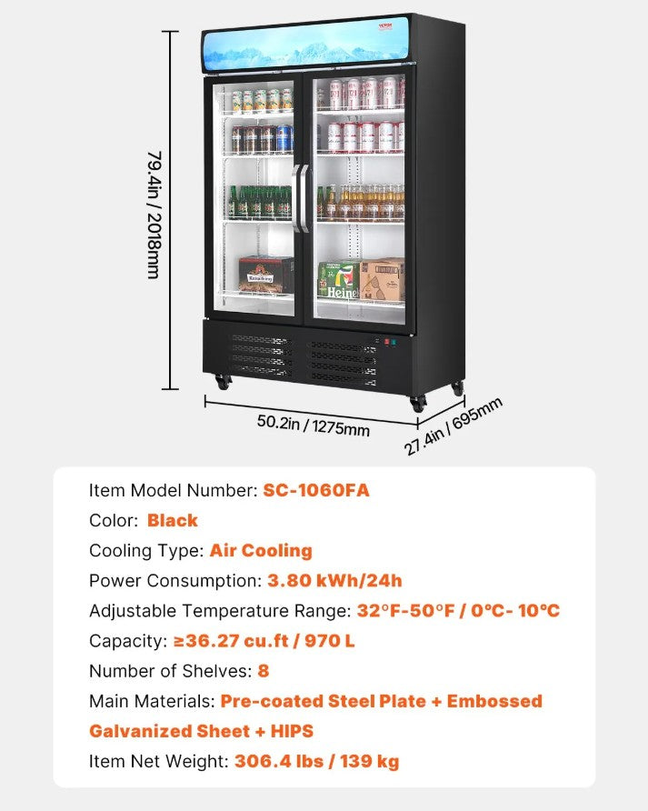 Vevor Commercial Beverage Refrigerator 36.27 Cu Ft Double Glass Door Merchandiser New