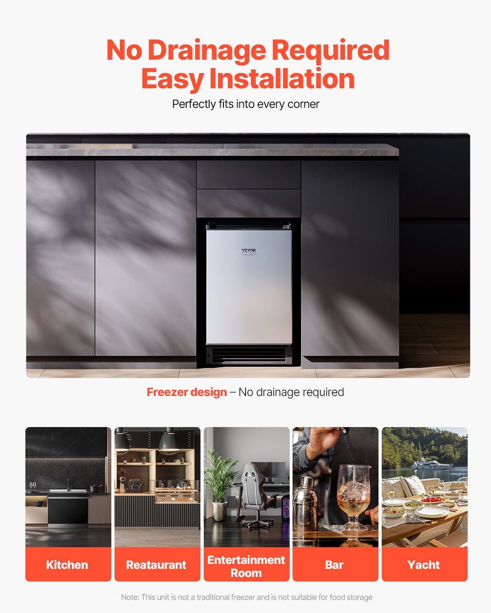 Vevor Ice Maker Undercounter 15 Lbs per Day Stainless Steel Reversible Door No Drain Required New