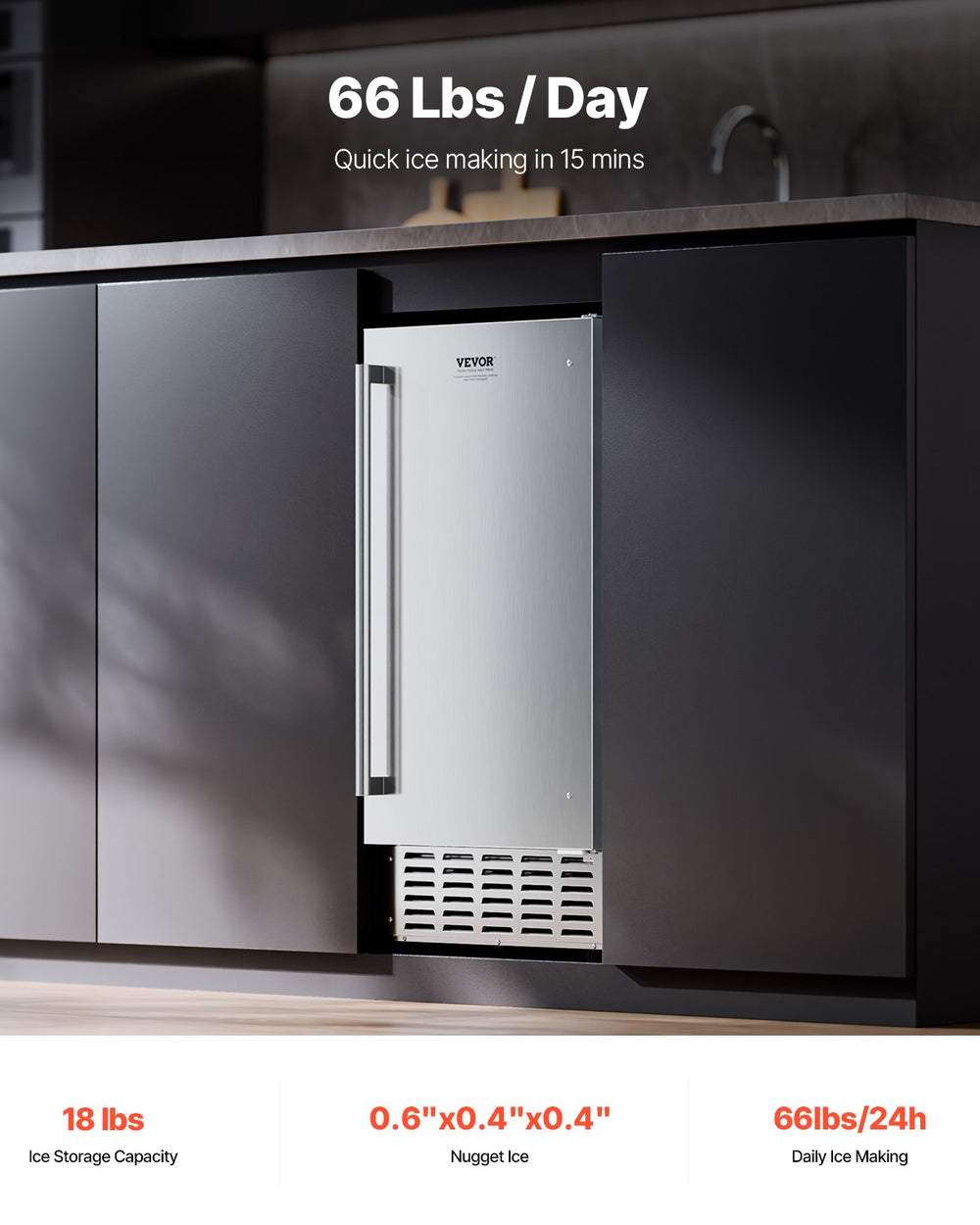 Vevor Ice Maker Undercounter 66 Lbs Per Day Stainless Steel Reversible Door Auto Clean New