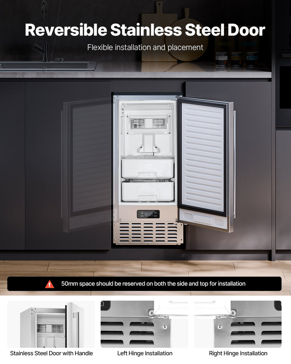 Vevor Ice Maker Undercounter 66 Lbs Per Day Stainless Steel Reversible Door Auto Clean New