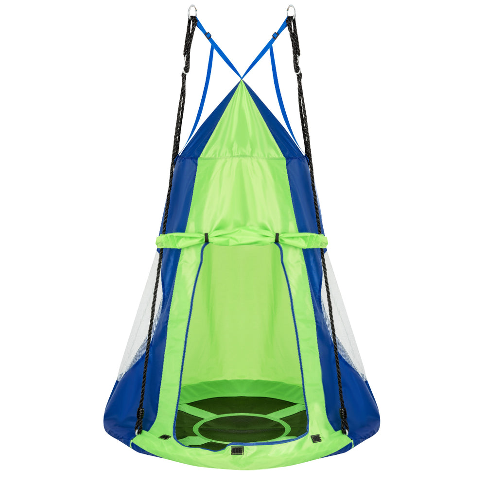 Kids hanging chair tent set in green and blue, 40-inch diameter, suitable for 2-3 kids, perfect for indoor or outdoor.