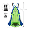 Kids hanging chair with detachable green tent, 40" wide, supports 330 lbs, ideal for reading and playtime.