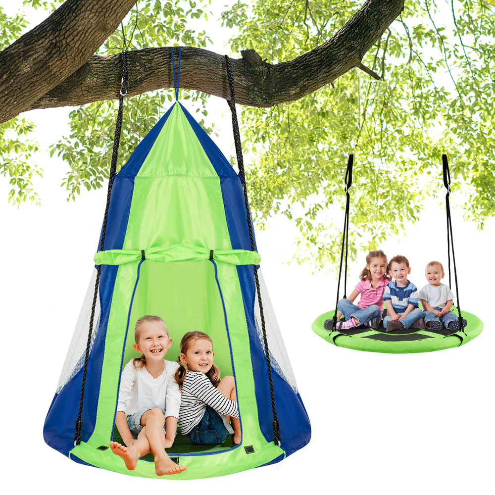 Kids sitting in a 2-in-1 40-inch green hanging chair swing tent, perfect for outdoor play and relaxation.
