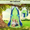 Kids hanging chair tent set in green, featuring a detachable design and roll-up door, perfect for outdoor play.