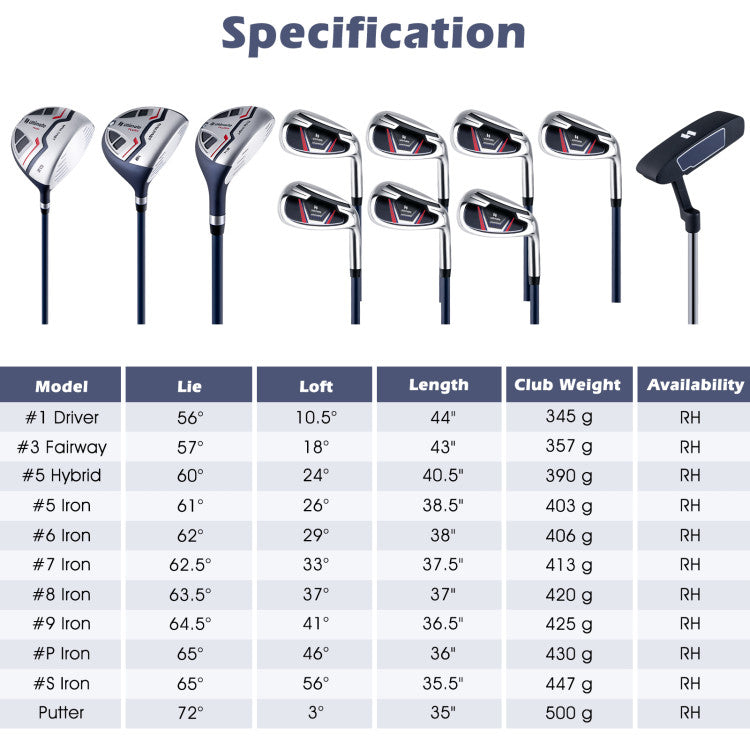 Costway Golf Club Set 11 Pieces Complete Package with Driver Irons Putter and Bag 13896427 New