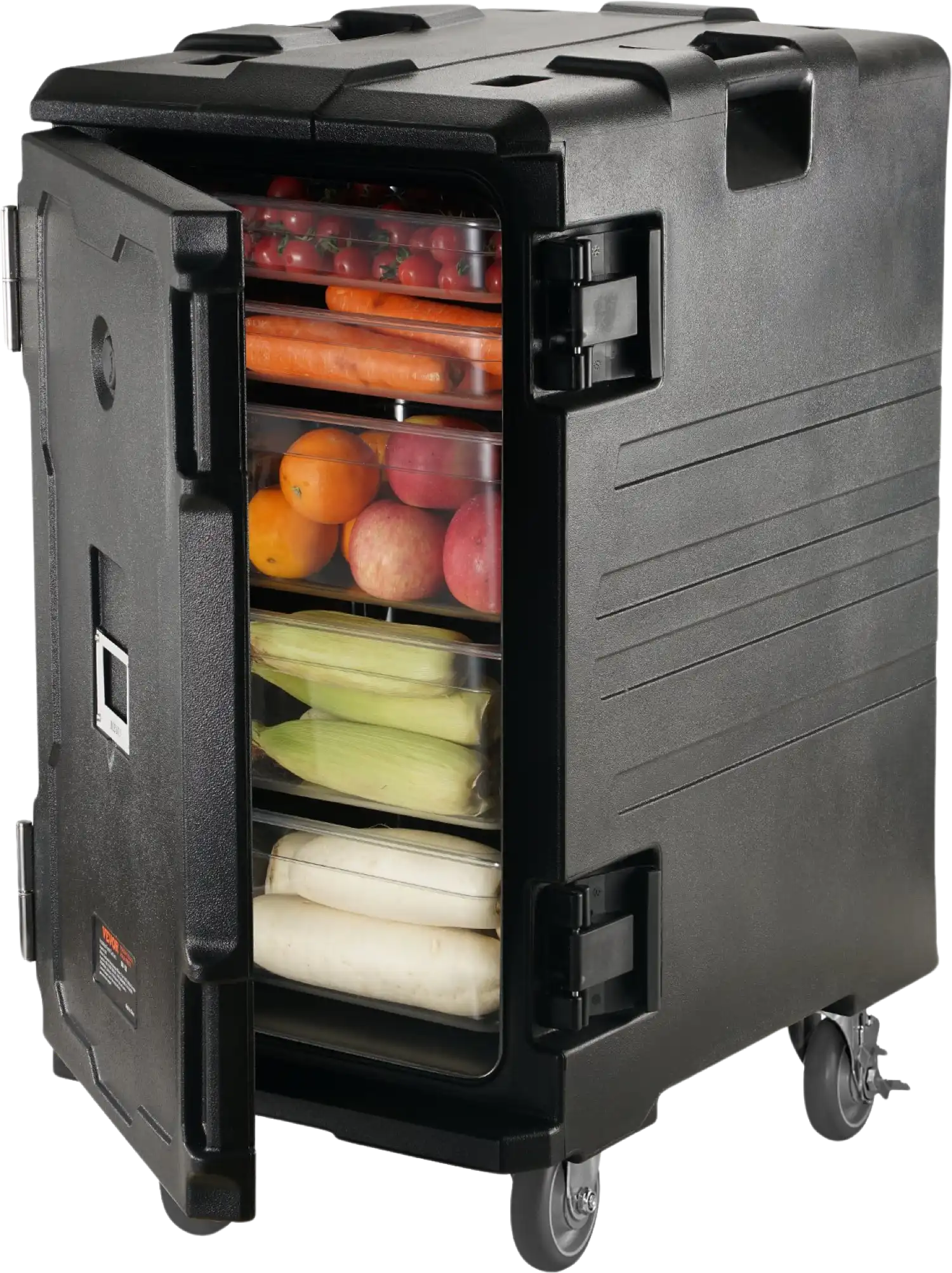 Vevor Food Pan Carrier 109 Qt. Insulated with Handles Double Buckles and Wheels Black New