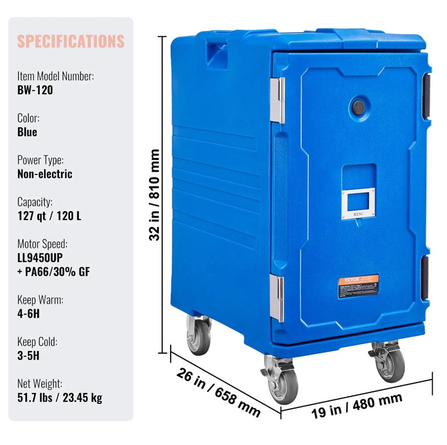 Vevor Insulated Food Pan Carrier 32 Gal Stackable Front-Load with Wheels New