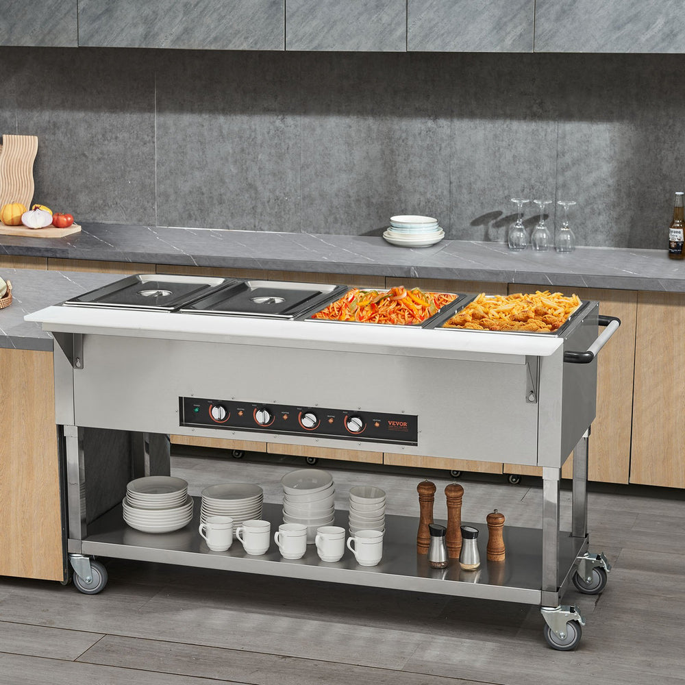 Vevor Food Warmer 4-Pan 20.6 Qt Commercial Steam Table 2000W Stainless Steel with Wheels New