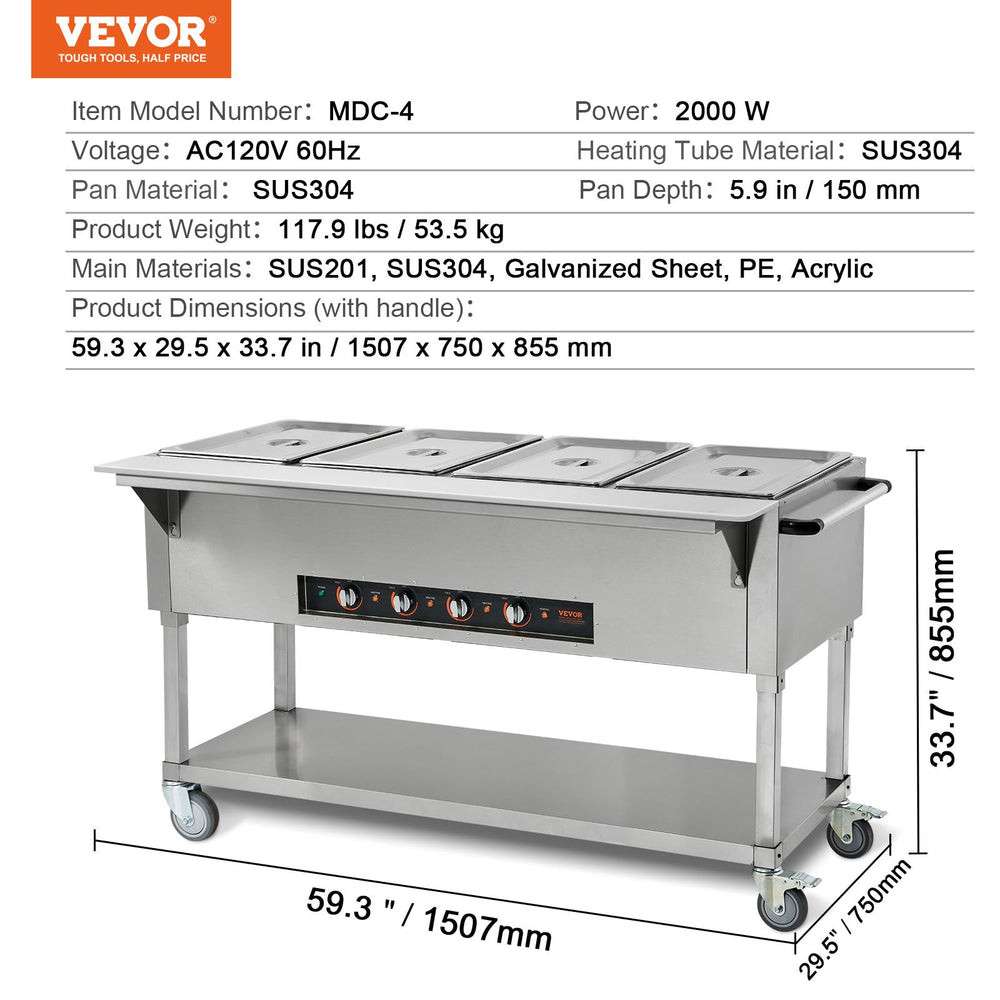 Vevor Food Warmer 4-Pan 20.6 Qt Commercial Steam Table 2000W Stainless Steel with Wheels New