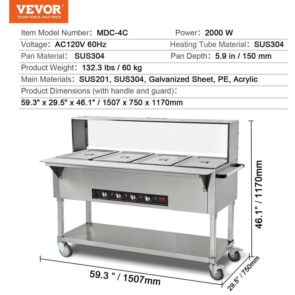 Vevor Food Warmer 4-Pan 20.6 Qt Commercial Buffet Table with Sneeze Guard 2000W Stainless Steel New