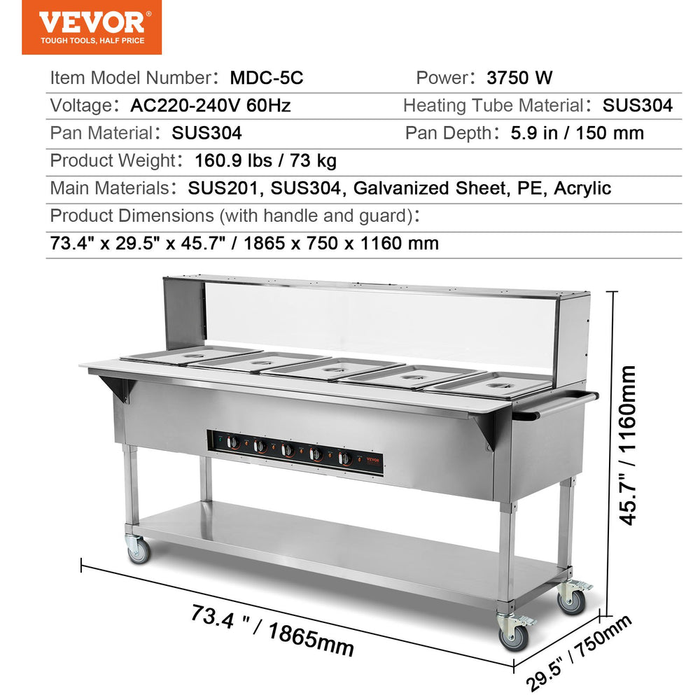 Vevor Food Warmer 5-Pan 20.6 Qt Commercial Steam Table 3750W Stainless Steel with Sneeze Guard New