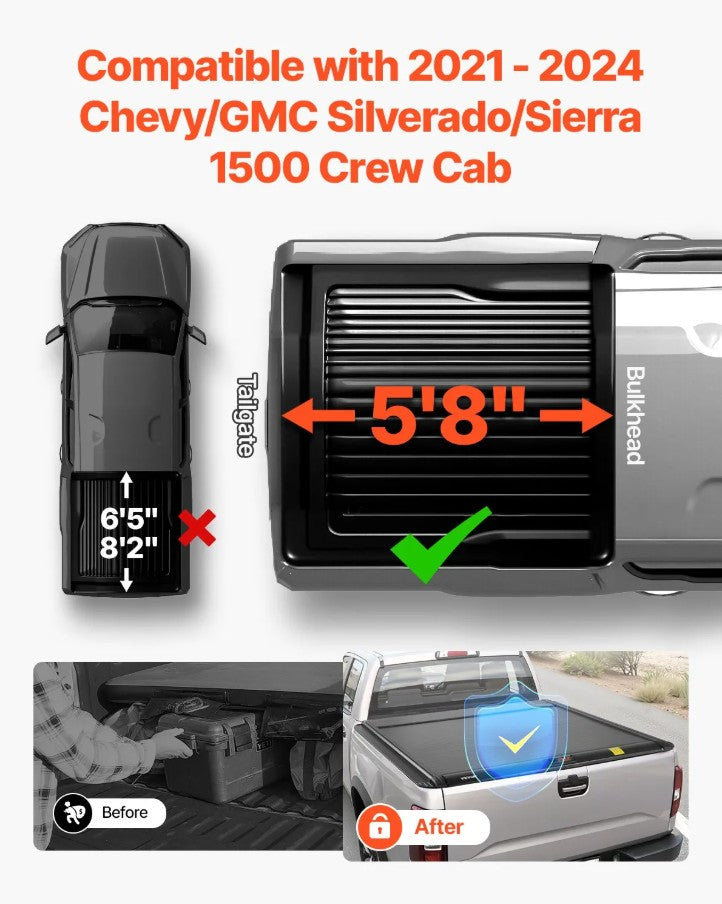 Vevor Retractable Tonneau Cover 5.8' for Chevy Silverado and GMC Sierra 1500 (2021–2024) New