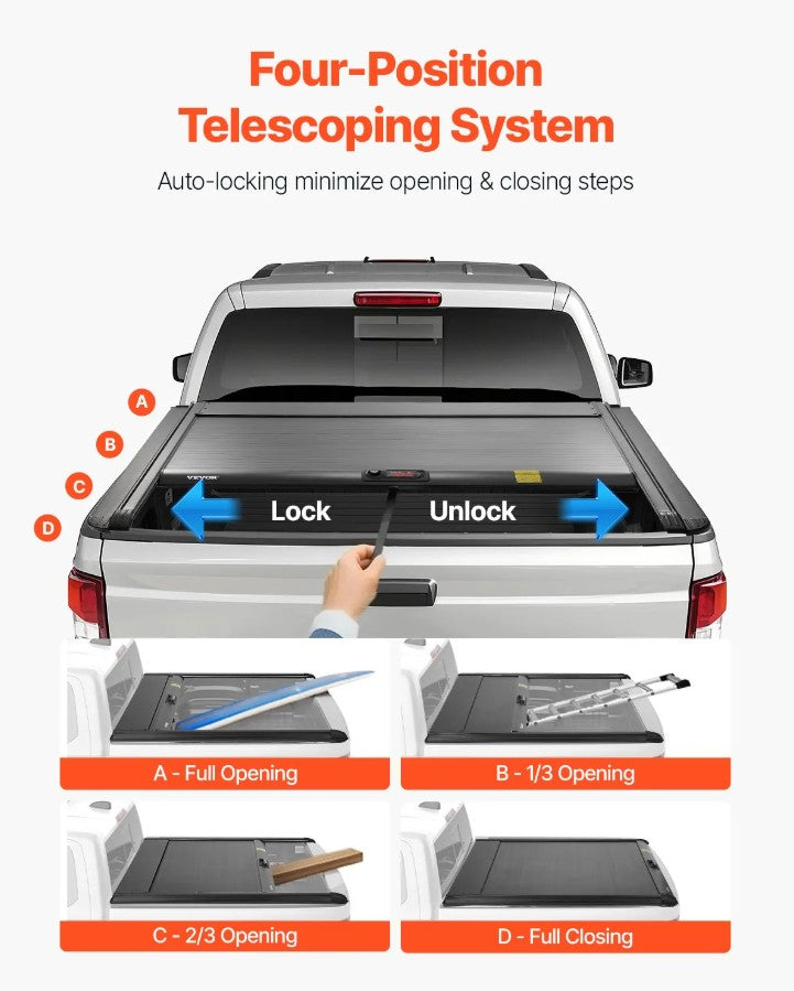 Vevor Retractable Tonneau Cover 5.8' for Chevy Silverado and GMC Sierra 1500 (2021–2024) New