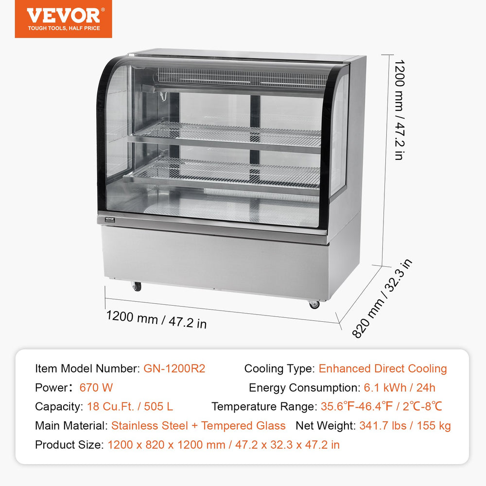 Vevor Refrigerated Display Case 18 Cu Ft Stainless Steel with 2 Adjustable Shelves New