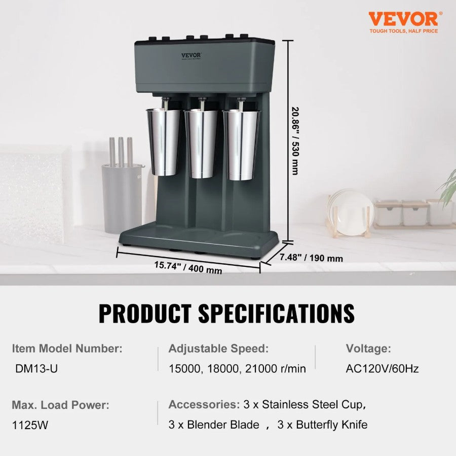 Vevor Triple Head Milkshake Maker 375W with 3-Speed Control and Stainless Steel Cups New
