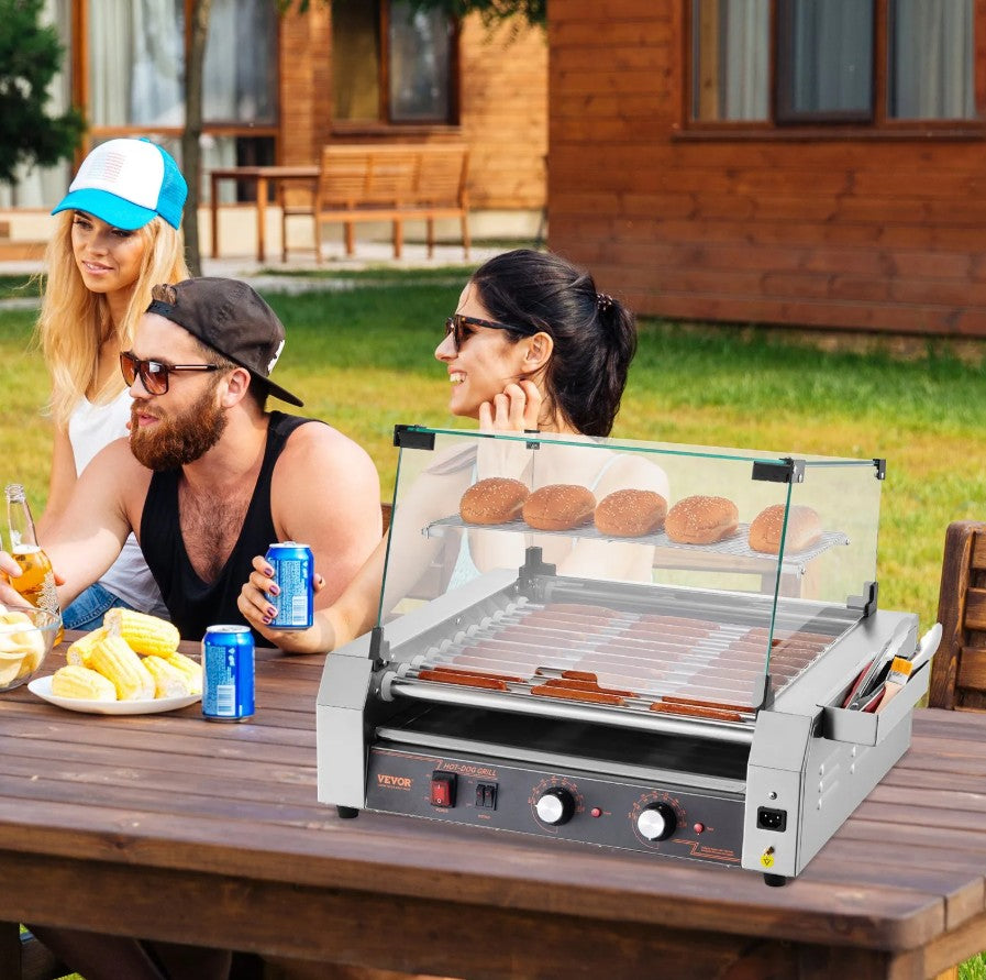 Vevor Commercial Grill Machine 11-Roller with Cover 30 Hot Dog 1600W New
