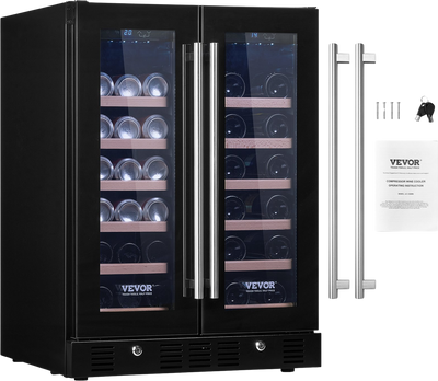Vevor Wine Refrigerator 3.95 Cu. Ft. Dual Zone 110V with Glass Doors 78 Cans or 20 Bottles Built-In or Freestanding New