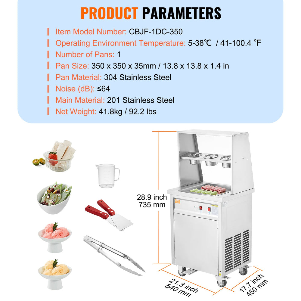 Vevor Ice Cream Roll Machine 13.8" x 13.8" Stainless Steel Commercial with Compressor and 2 Scrapers New