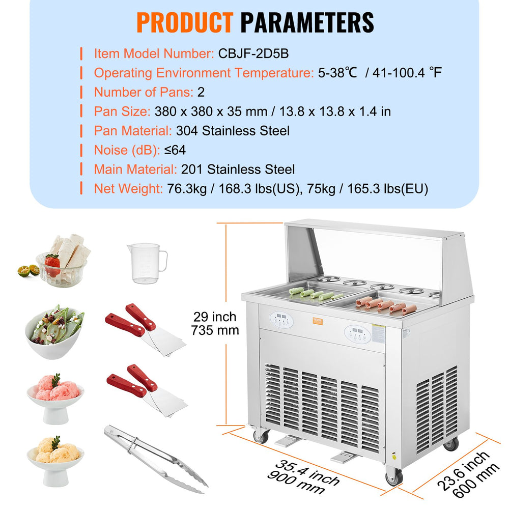 Vevor Ice Cream Roll Machine 2 Pans 13.8" x 13.8" Commercial Stainless Steel with Compressor 4 Scrapers New