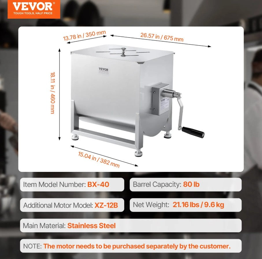 Vevor Manual Meat Mixer 80 Lb Fixed 21.1 Gal Tank Stainless Steel Gearbox Design New