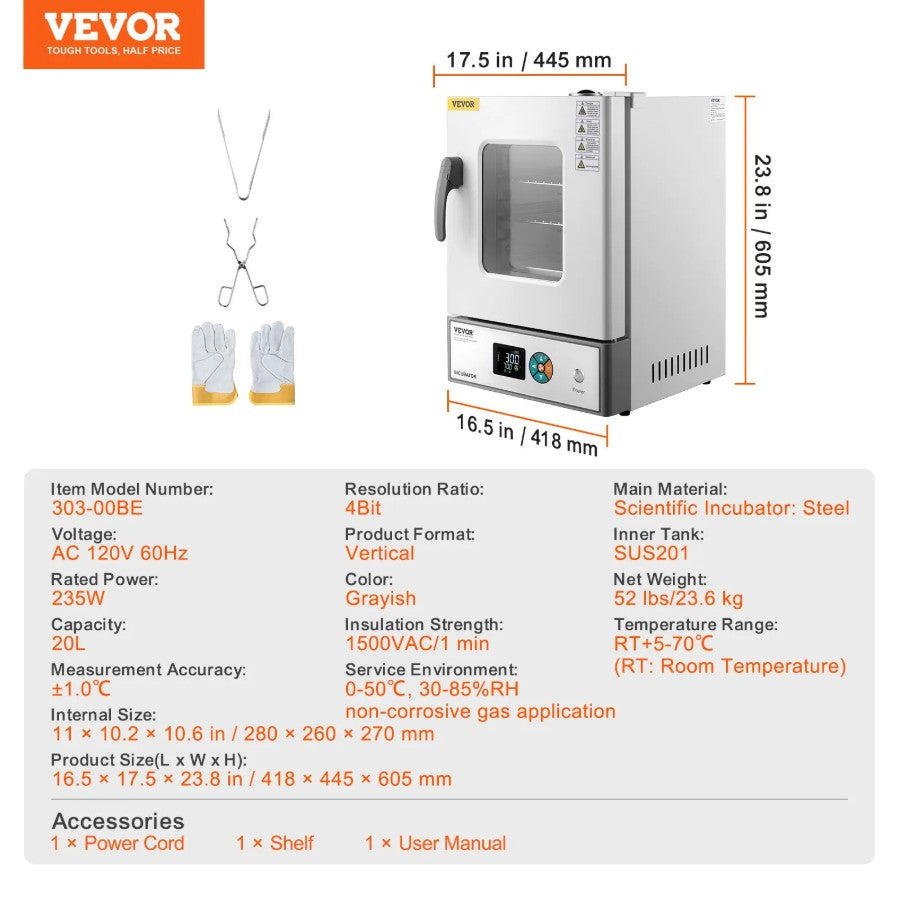Vevor 20L Lab Incubator with Precise PID 32–158°F Temperature Control New