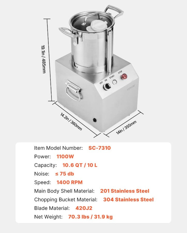 Vevor Commercial Food Processor 10.6 Qt  Vegetable Chopper 1100W 1400 RPM Stainless Steel New