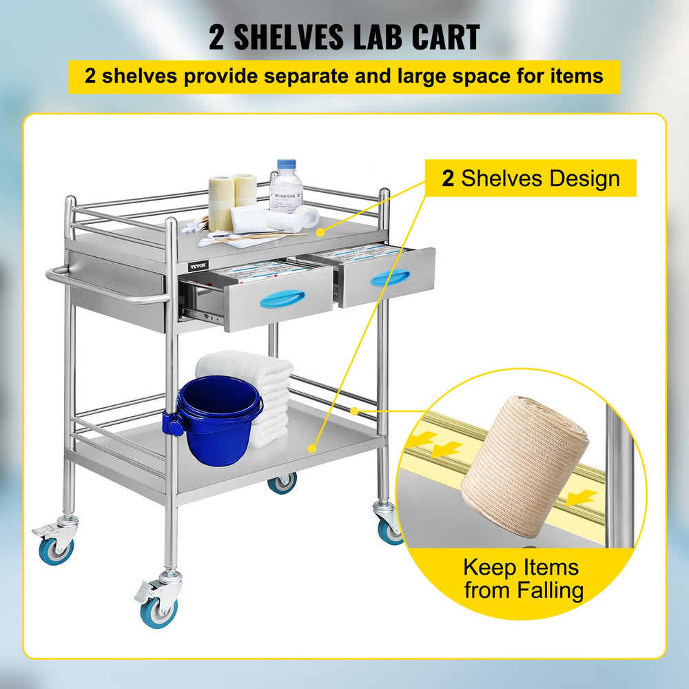 Vevor Lab Cart 23.4" x 15.6" Stainless Steel Medical Utility Cart 220 Lbs Capacity with 2 Drawers New