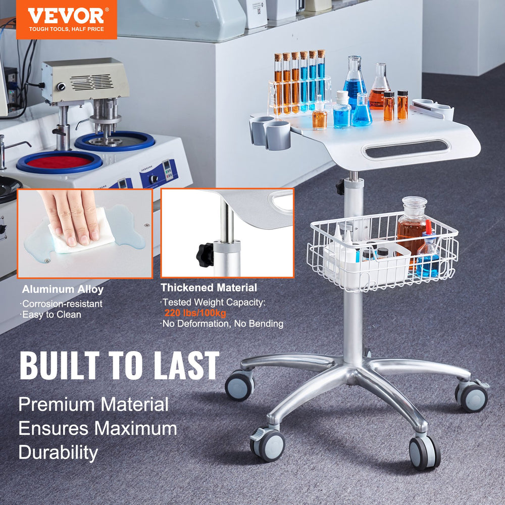 Vevor Medical Cart 16.7" x 19" Mobile Trolley 26.7"-42.9" Adjustable Height with Large Tabletop and Basket New