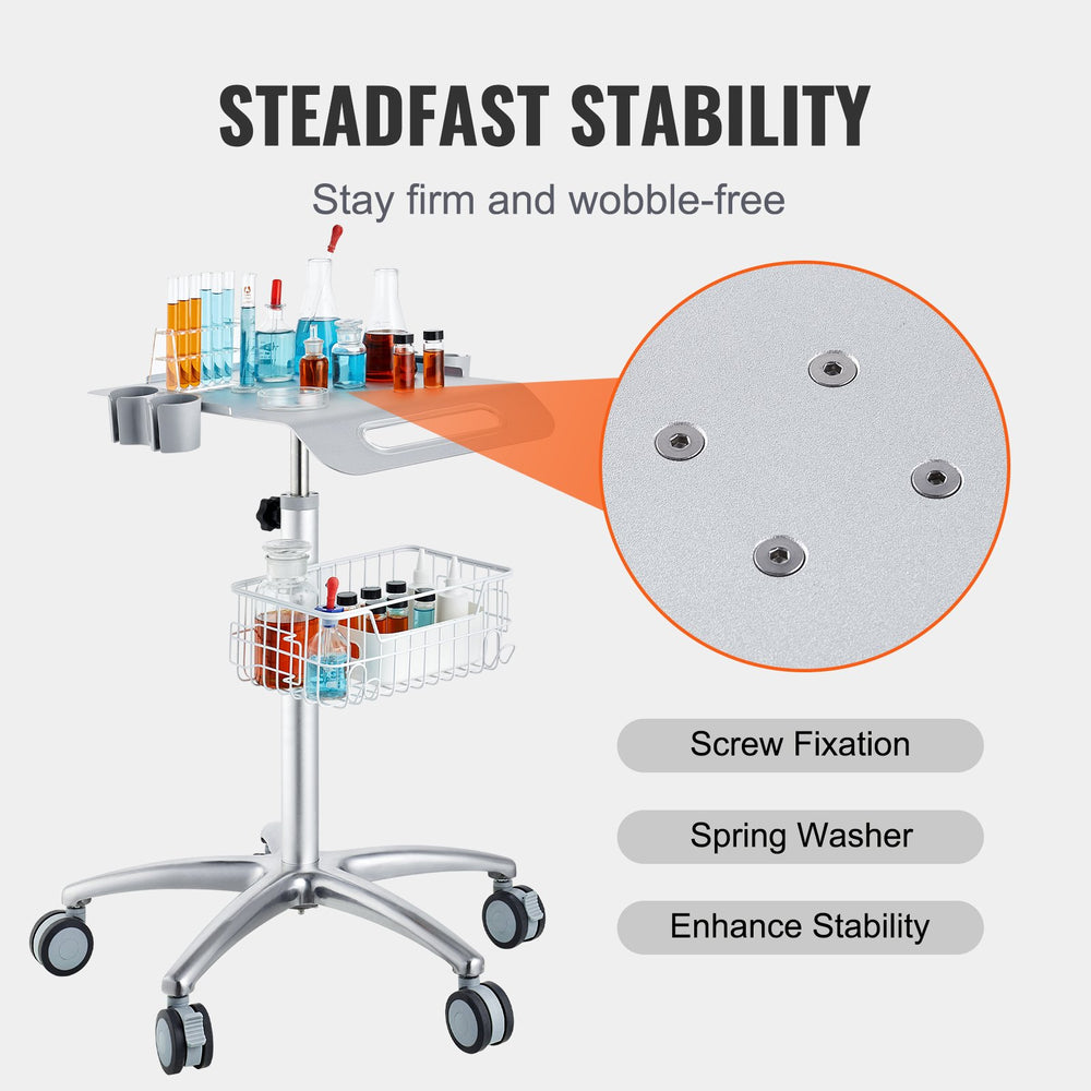 Vevor Medical Cart 16.7" x 19" Mobile Trolley 26.7"-42.9" Adjustable Height with Large Tabletop and Basket New