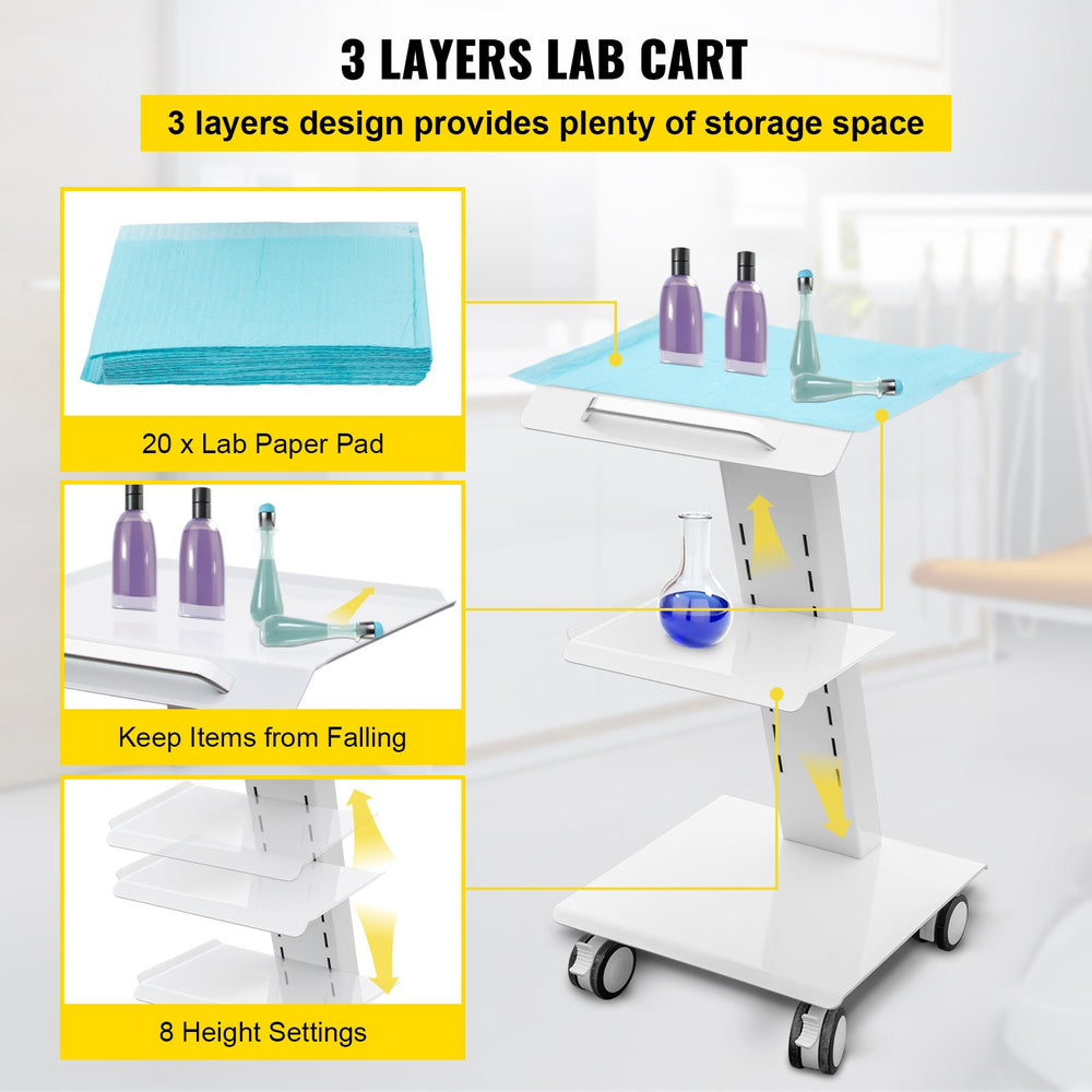 Vevor Lab Cart with Built-In Socket 3-Layer Steel Frame Rolling Trolley 88 Lbs Capacity 360° Swivel Casters New