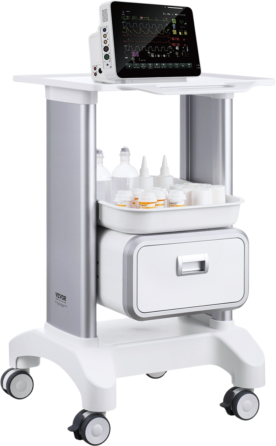 Vevor Lab Cart 2-Tier Mobile Medical Cart 110 Lbs Capacity with 1 Drawer and Large Top Tray White New