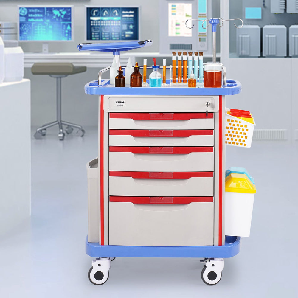 Vevor Lab Cart 5-Tier Mobile Medical Cart 400 Lbs Capacity with 5 Lockable Drawers and Large Top Tray Blue New