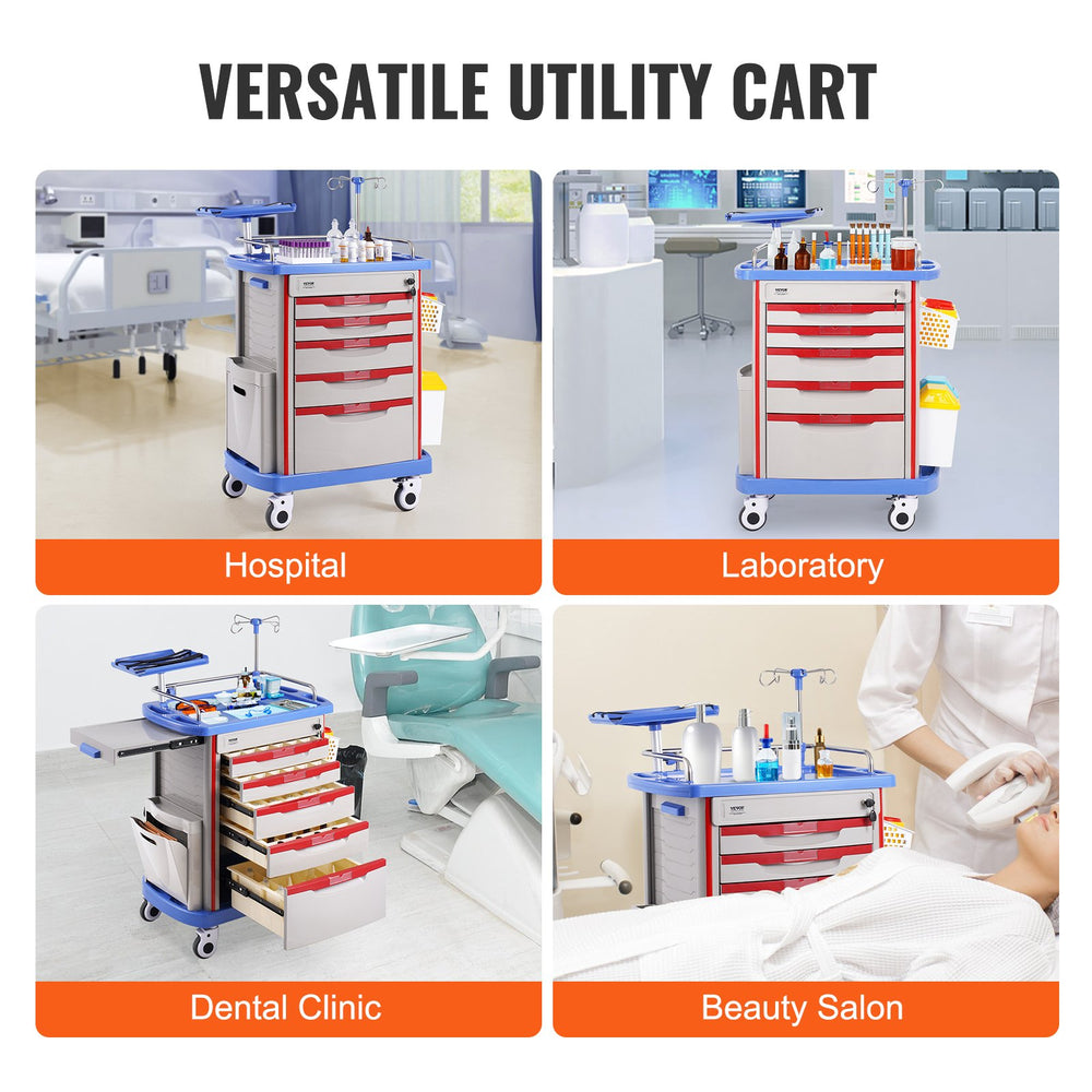 Vevor Lab Cart 5-Tier Mobile Medical Cart 400 Lbs Capacity with 5 Lockable Drawers and Large Top Tray Blue New