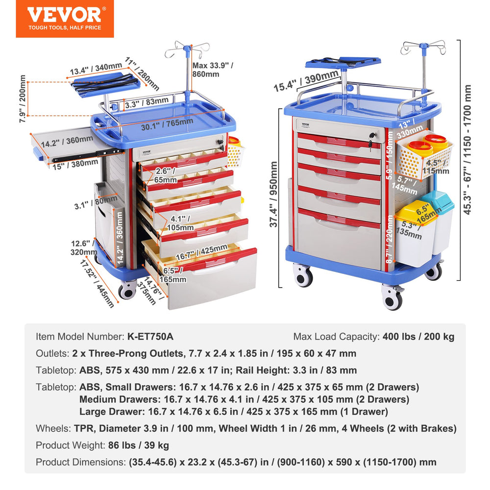 Vevor Lab Cart 5-Tier Mobile Medical Cart 400 Lbs Capacity with 5 Lockable Drawers and Large Top Tray Blue New