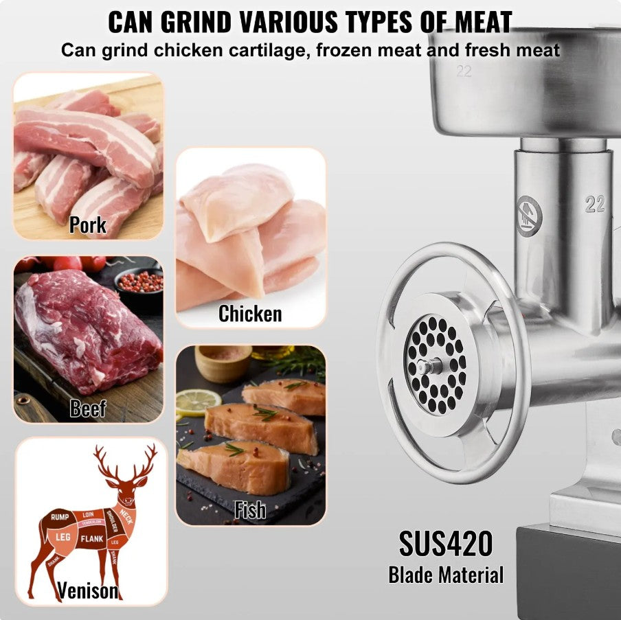 Vevor Commercial Electric Meat Grinder 750W 14 Lbs/Min Sausage Stuffer Size #22 New