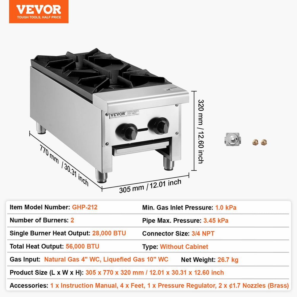 Vevor Commercial Gas Range Stove 56000 BTU 2-Burner Countertop Stainless Steel New