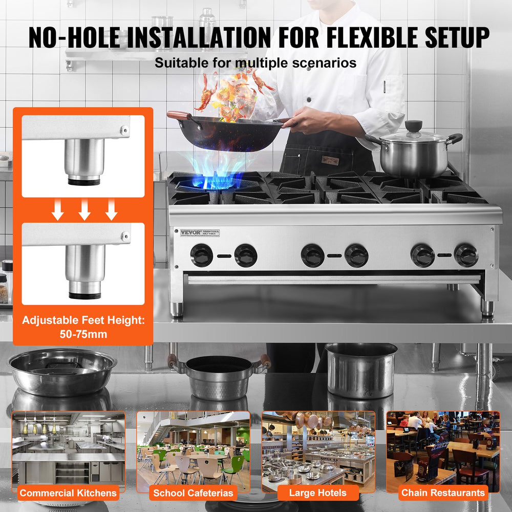 Vevor Commercial Gas Range Stove 168000 BTU 6-Burner Countertop Stainless Steel New