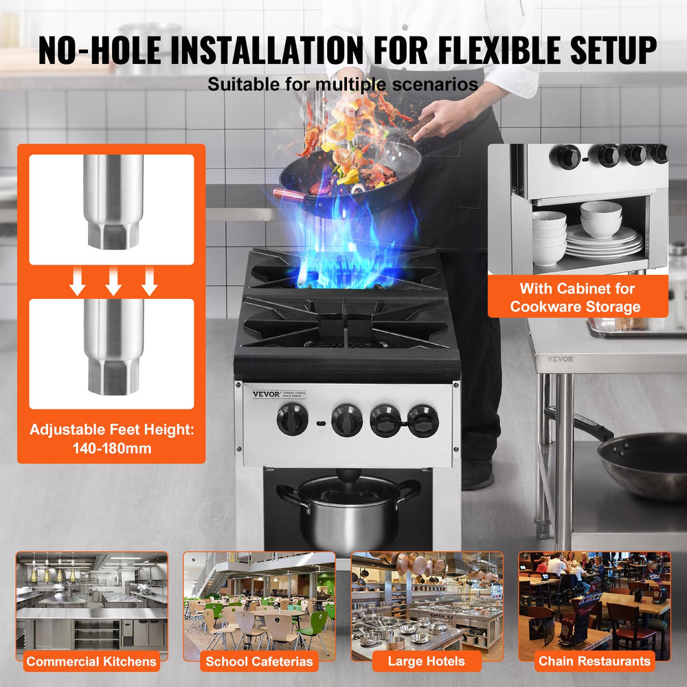 Vevor Commercial Gas Range Stove 180000 BTU 2-Burner Stainless Steel Natural Gas/Propane New