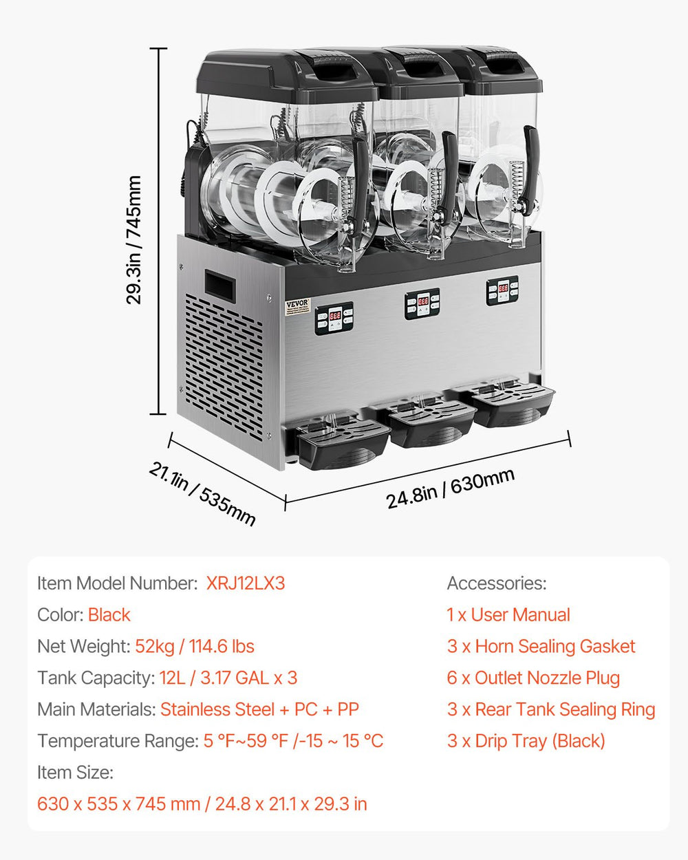 Vevor Commercial Slushy Machine 3 Tank 3.17 Gal Each with Digital Controls and Auto Cleaning New