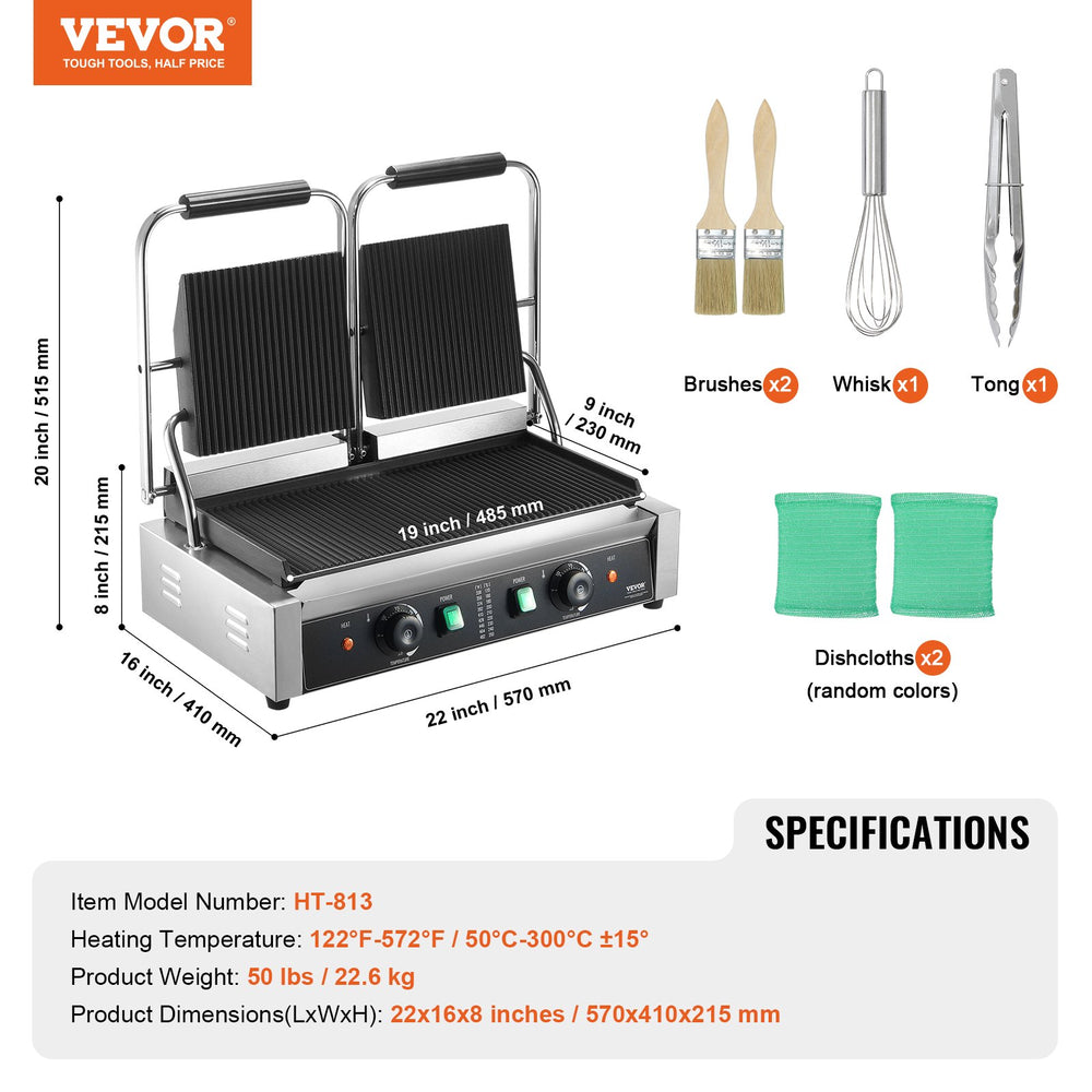 Vevor Panini Press Grill 19" x 9" Electric Griddle with Ridged Plates 122°F-572°F Temperature Range New