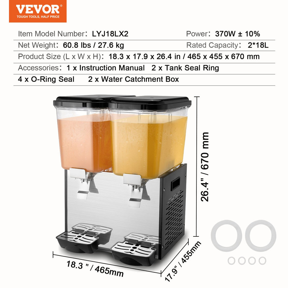 Vevor Commercial Beverage Dispenser 4.8 Gal x 2 Tanks Cold Beverage Machine New