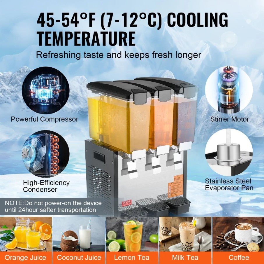 Vevor Commercial Beverage Dispenser 2.6 Gal x 3 Tanks 440W Stainless Steel New