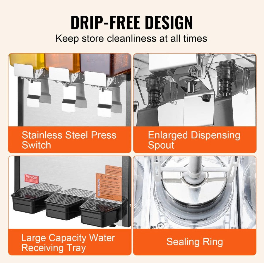 Vevor Commercial Beverage Dispenser 2.6 Gal x 3 Tanks 440W Stainless Steel New