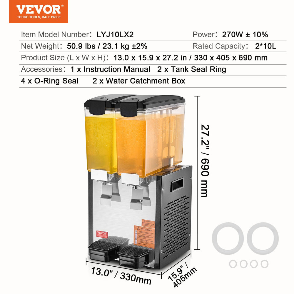 Vevor Commercial Cold Beverage Dispenser 2.6 Gal x 2 Tanks 270W Stainless Steel New