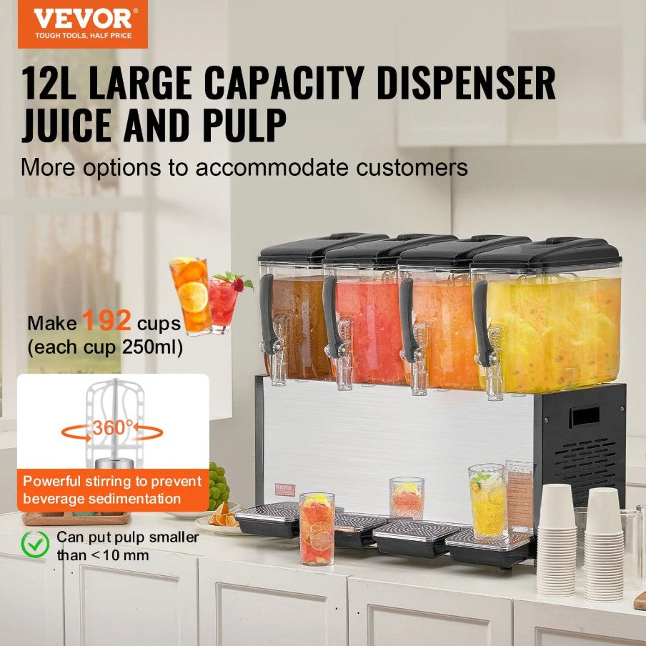 Vevor Commercial Beverage Dispenser 3.2 Gal x 4 Tanks 510W Stainless Steel New