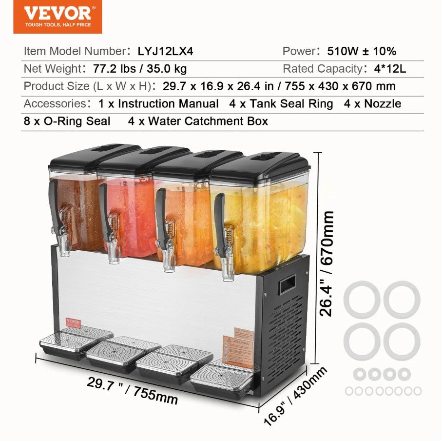Vevor Commercial Beverage Dispenser 3.2 Gal x 4 Tanks 510W Stainless Steel New