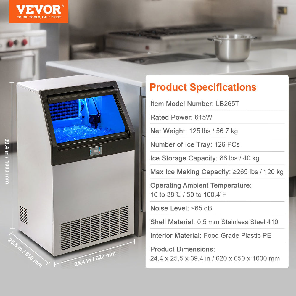 Vevor Commercial Ice Maker 265lbs/24H with 88lbs Storage Electric or Gravity Drainage Freestanding Auto Cleaning New