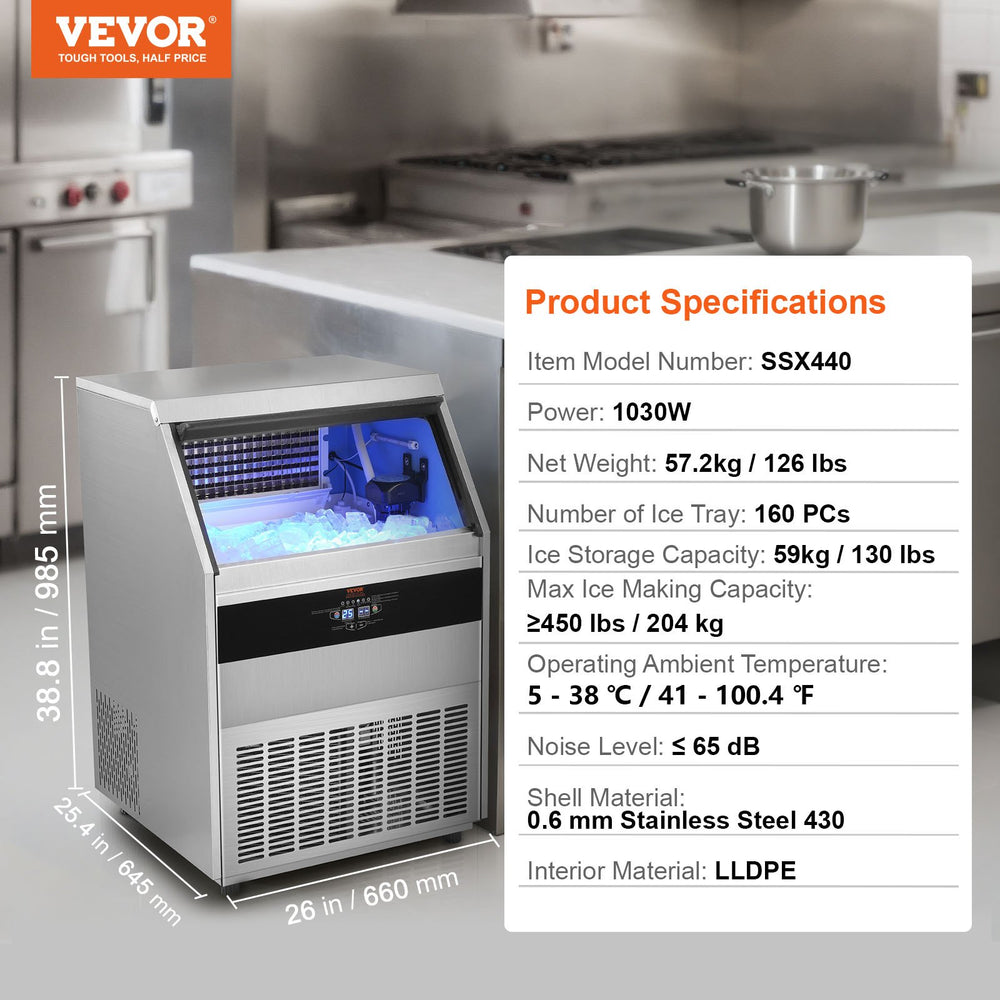 Vevor Commercial Ice Maker 450lbs/24H with 130lbs Storage Electric Drainage Freestanding Auto Cleaning New