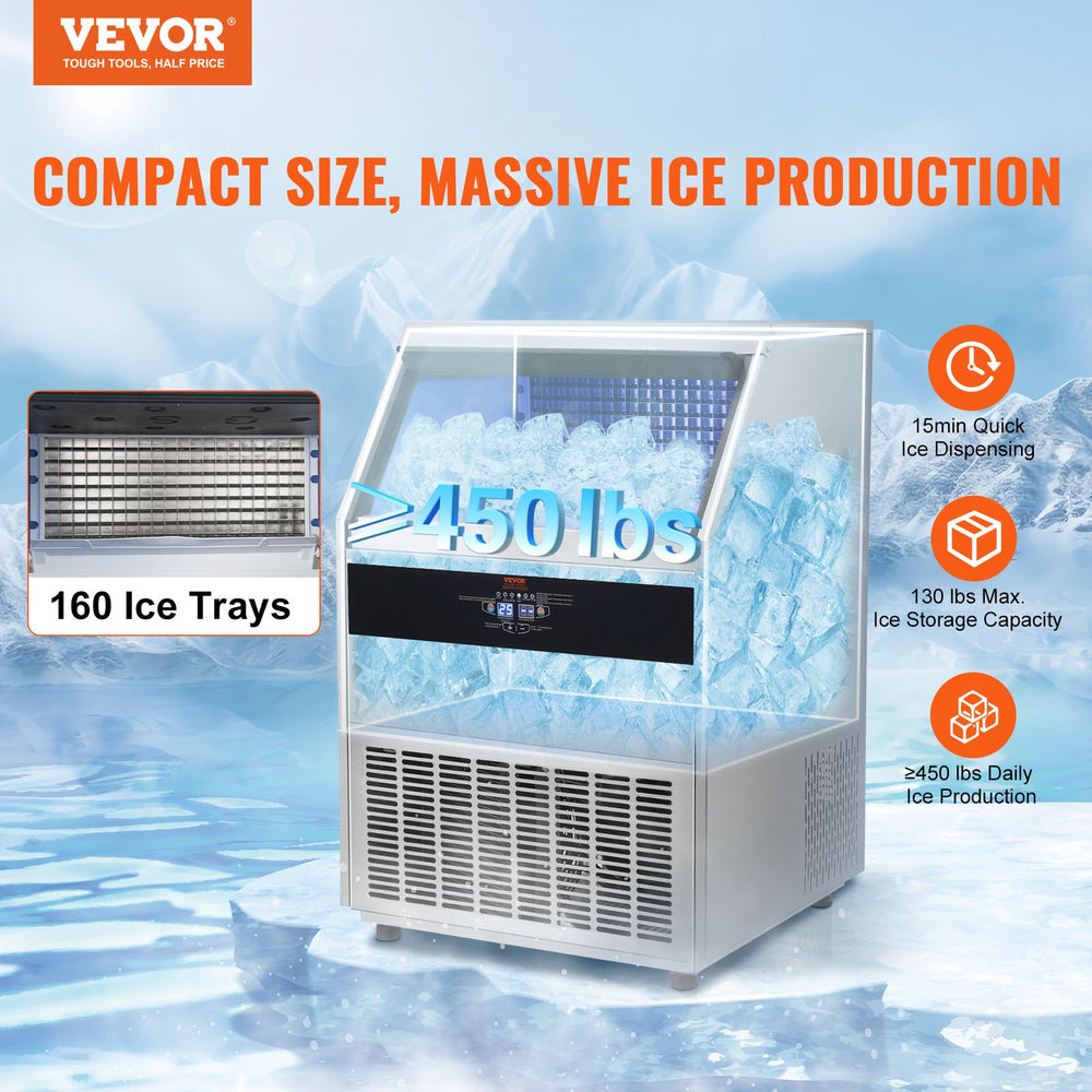Vevor Commercial Ice Maker 450lbs/24H with 130lbs Storage Electric Drainage Freestanding Auto Cleaning New